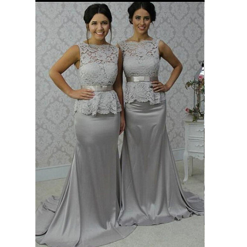 Grey Lace and Satin Boat neckline Mermaid Long 2020 Bridesmaid Dresses