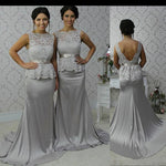 Grey Lace and Satin Boat neckline Mermaid Long 2020 Bridesmaid Dresses