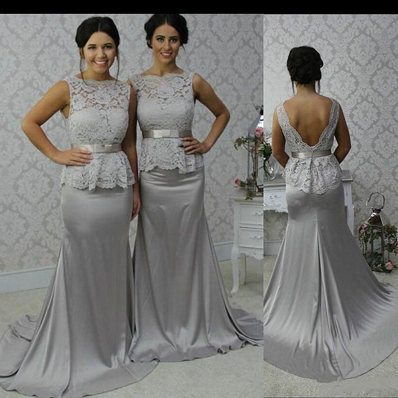 Grey Lace and Satin Boat neckline Mermaid Long 2020 Bridesmaid Dresses