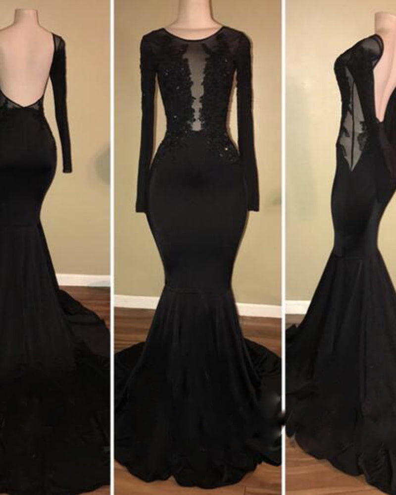 Long Sleeves Black Fitting Evening Gown for Prom Party Dress Longo vestidos  De Festa LP662