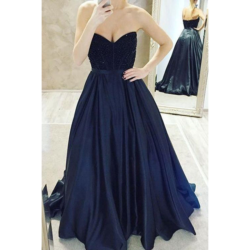 Trendiest Sweetheart Navy A Line Prom Dresses Beaded ,Long formal Dresses 2020,Girls Evening party Gowns