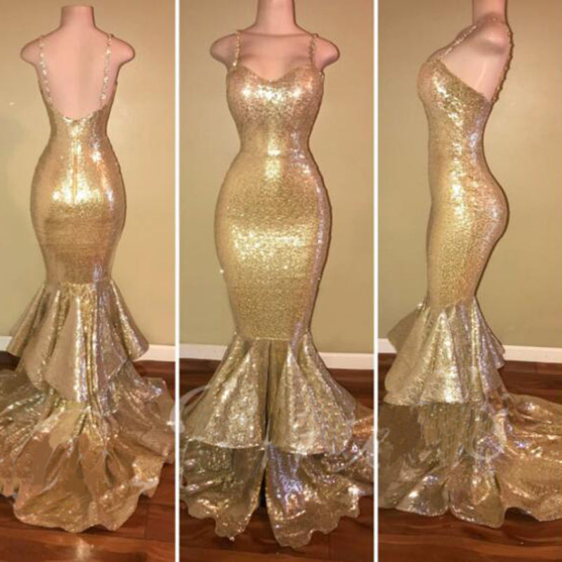 New Spaghetti Straps Gold Sequin Mermaid Prom Dress Evening Party Long Gown Vestido