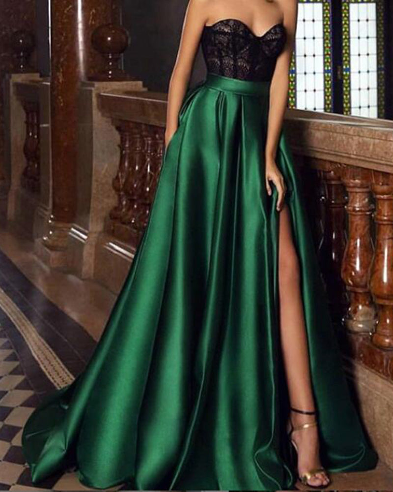 Vestidos de noche largos con escote en forma de corazón en verde, rojo y azul 2019 con encaje negro