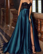 Green/Red /Blue Long Sweetheart Prom Evening Dresses 2019 with Black Lace