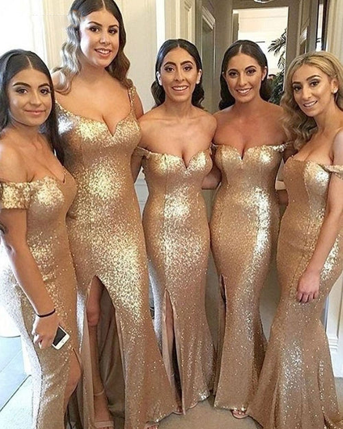 Pink Sequined Long Women Formal Bridesmaid Dresses Mermaid Long Slit PL954