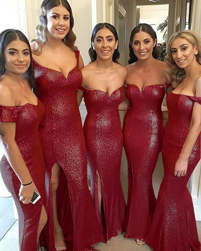 Pink Sequined Long Women Formal Bridesmaid Dresses Mermaid Long Slit PL954
