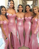 Pink Sequined Long Women Formal Bridesmaid Dresses Mermaid Long Slit PL954