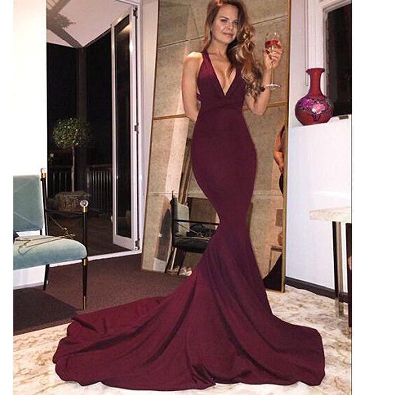 Siaoryne LP0831 Burgundy Mermaid halter Long Prom Dress Sexy Women Evening Party Gown 2018