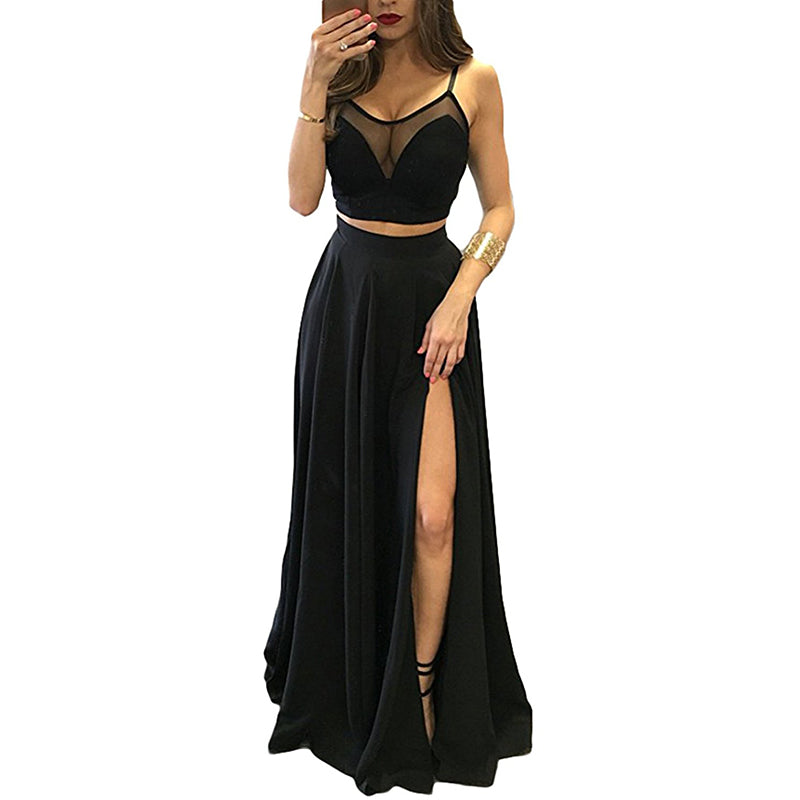 Sexy Crop Top Black Prom Dress Spaghetti Straps Long Evening Party Gown Two Pieces Vestido De Festa