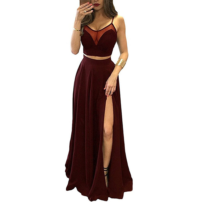 Sexy Crop Top Black Prom Dress Spaghetti Straps Long Evening Party Gown Two Pieces Vestido De Festa