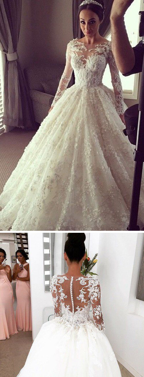 Luxury Lace Ball Gown Wedding Dress Vintage Bridal Gown with Long Sleeves WD301