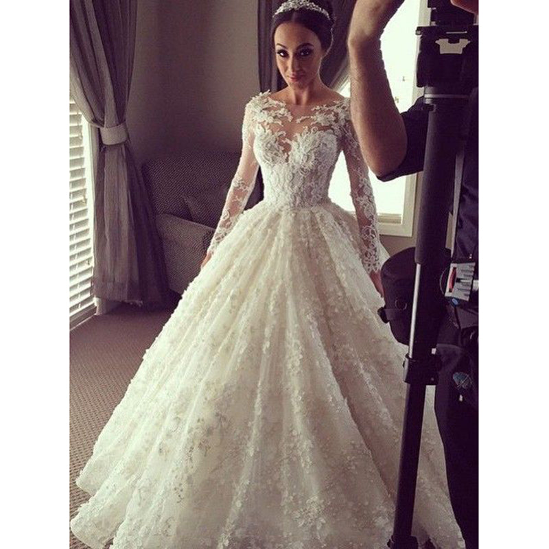Vestido de novia de encaje de lujo, vestido de novia vintage con mangas largas WD301