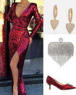 Burgundy Long Sleeves Bling Bling Sequins Party Prom Dress for Women Outfits PL01225