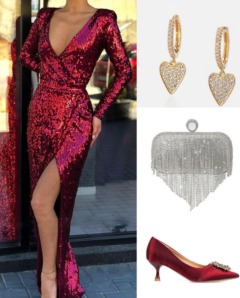 Burgundy Long Sleeves Bling Bling Sequins Party Prom Dress for Women Outfits PL01225