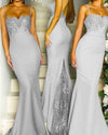 Gray Long Mermaid Bridesmaid  Party Dresses Appliqued Lace Long with Spaghetti Straps PL457