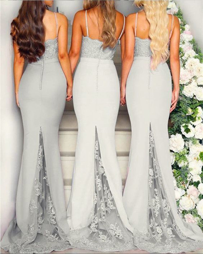 Gray Long Mermaid Bridesmaid  Party Dresses Appliqued Lace Long with Spaghetti Straps PL457