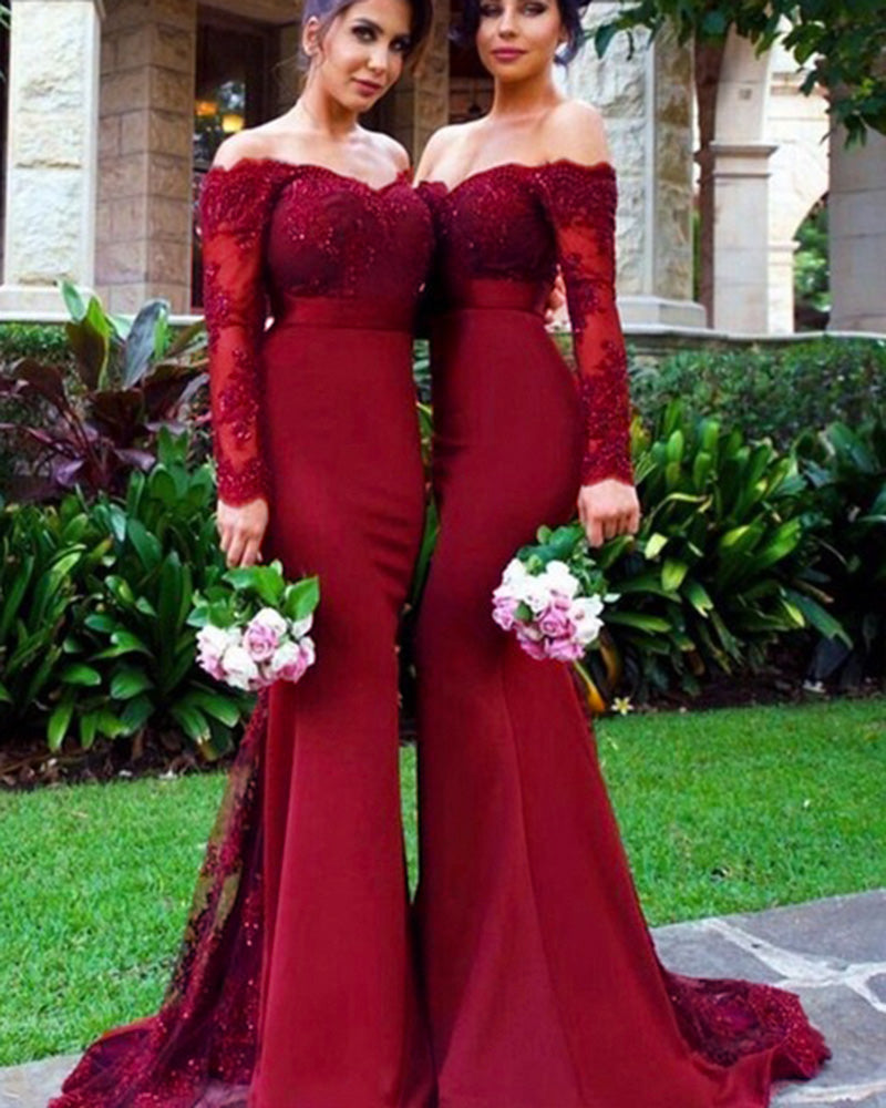 Vintage Women Burgundy Bridesmaid Dress with Long Sleeves for Wedding Siaoryne Vintage Women Burgundy Bridesmaid Dress with Long Sleeves for Wedding Siaoryne