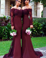 Vintage Women Burgundy Bridesmaid Dress with Long Sleeves for Wedding Party PL6630