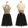 Gold and Black Homecoming Dress Lace Appliqued Short Graduation Gown ,Halter Hoco Dresses,Little Black Dresses,Short Prom Dresses