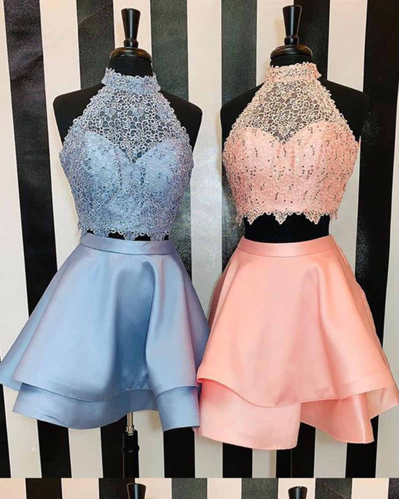 Hermoso vestido de fiesta corto de dos piezas, vestido de regreso a casa azul para estudiantes de octavo grado
