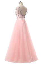 2022 New Pink Long Prom Dress for Girls Party Gown with Crystal Short Sleeves