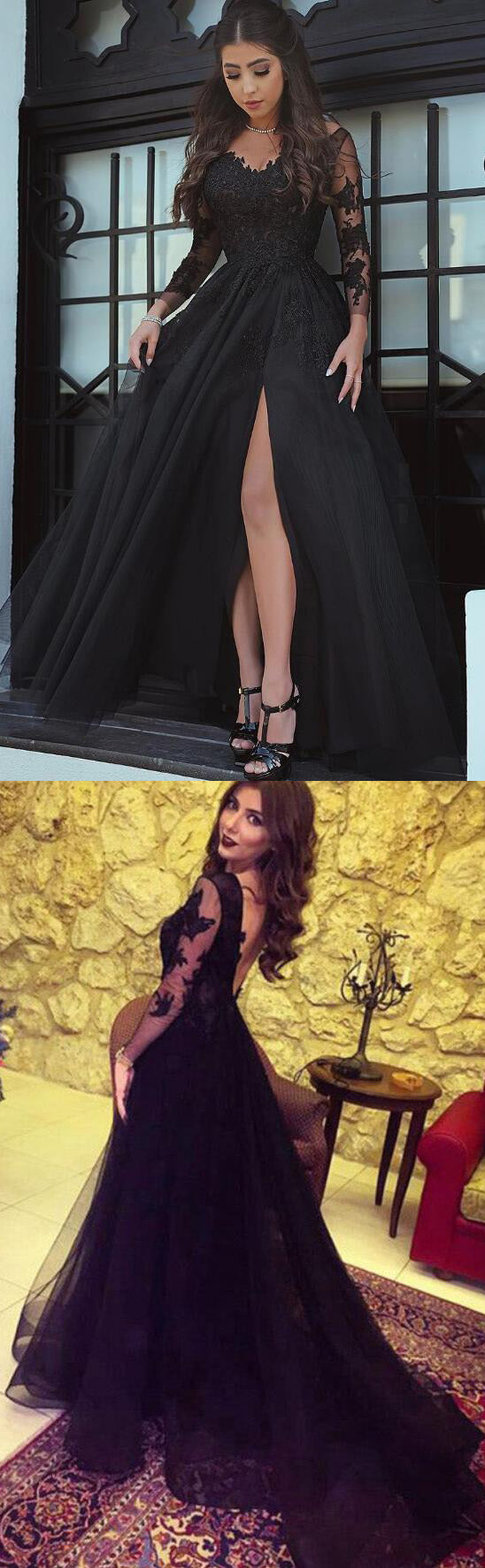 Black Lace Long Sleeves Prom Dresses with Sexy Split Evening Formal Gown Vestido De Festa 2021