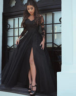 Black Lace Long Sleeves Prom Dresses with Sexy Split Evening Formal Gown Vestido De Festa 2021