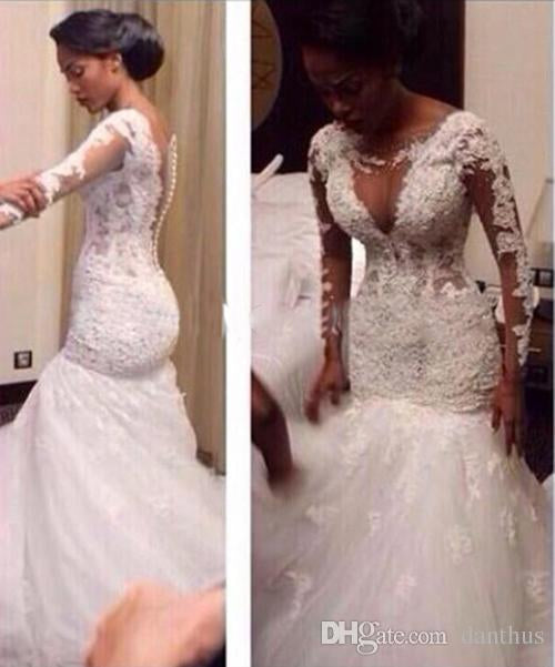 Siaoryne WD007 Vestido de novia de sirena sexy de encaje de talla grande con mangas largas y transparente