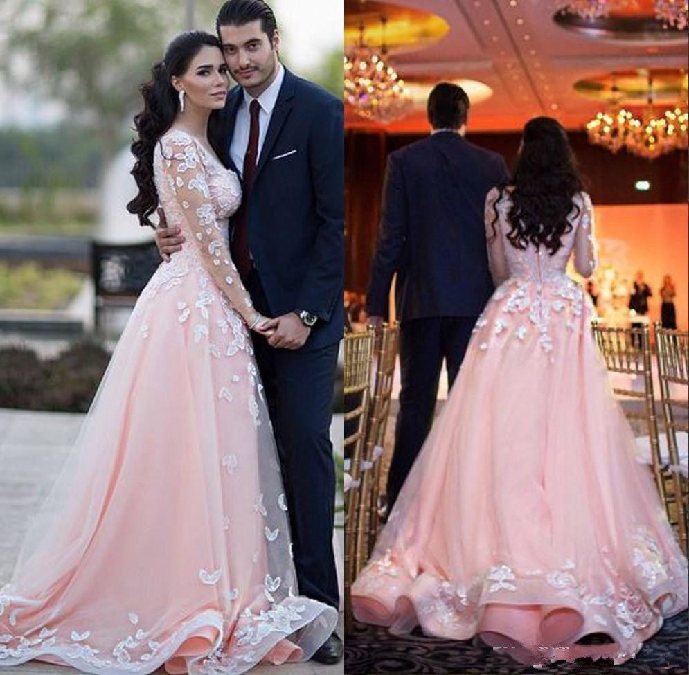 Siaoryne WD0919 Long Sleeves Lace Pink Wedding Dresses Bridal Gown