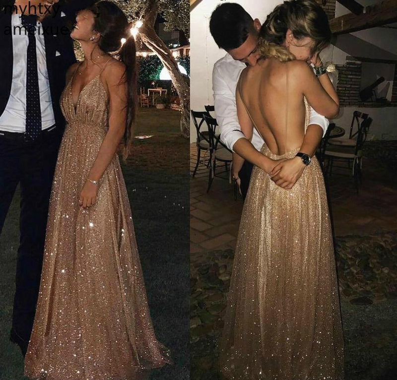 Spaghetti Straps Sequins Gold Women Formal Dresses Long Evening Party Gowns
