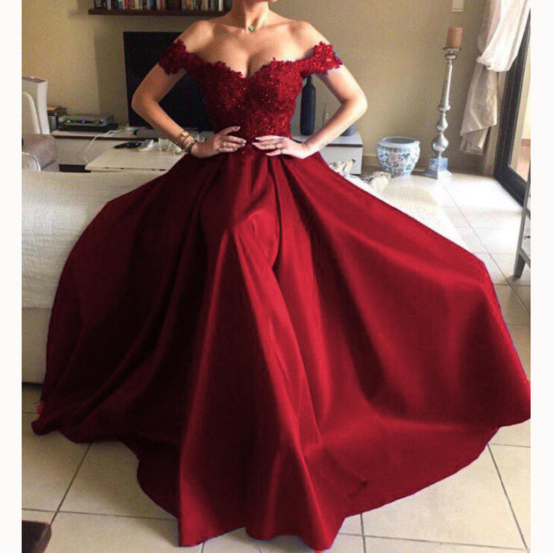 New A Line Satin Lace Red Long Dress Women Formal Evening Gown robe de soiree longue