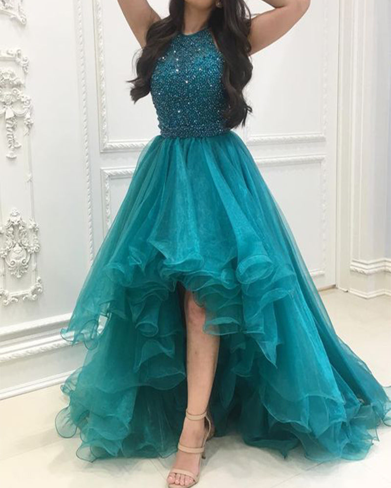 Siaoryne Halter Turquoise Blue High Low Prom Dress Beading Organza Party Gown PL0913