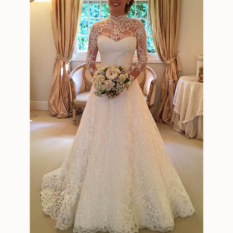 Vestido de novia romántico de encaje de línea A, vestido de novia de cuello alto con mangas, vestidos de novia 