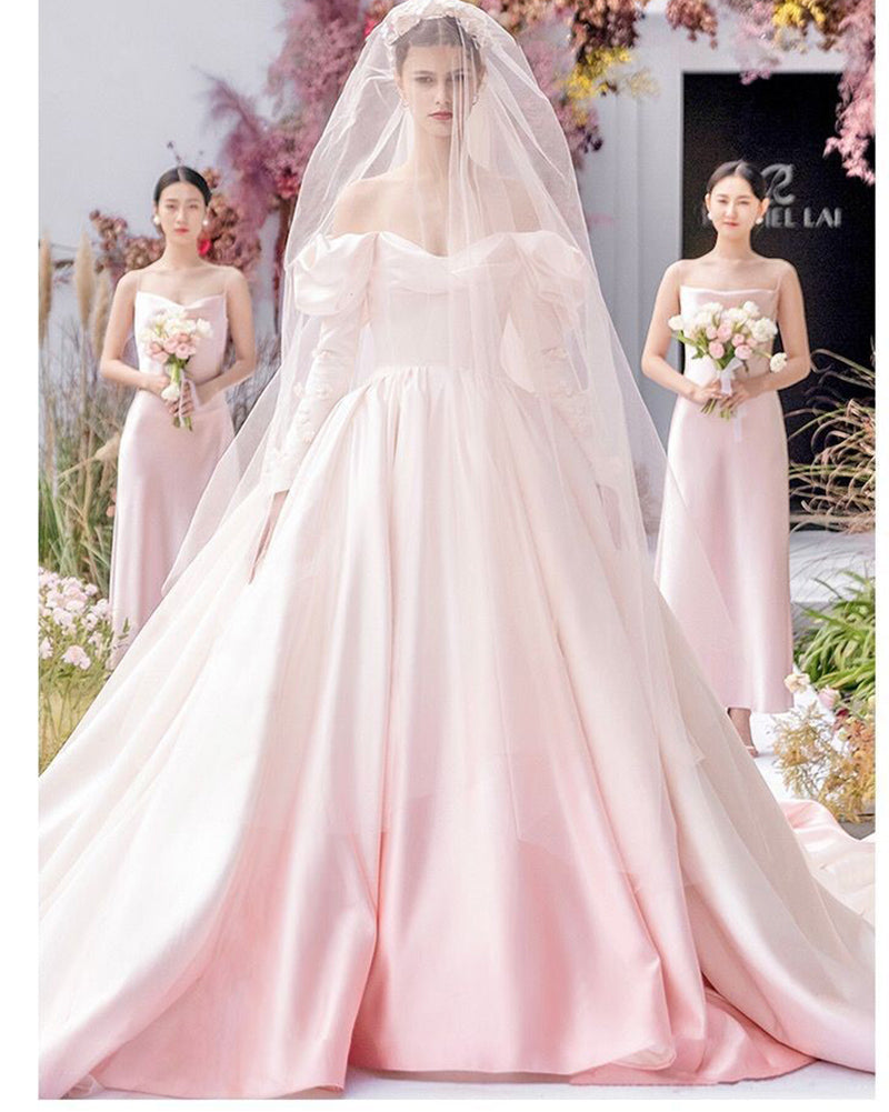 Vintage Princess Long Sleeves Pink Ombre Wedding Dresses ,Colored Bridal Party Gown  WD10430