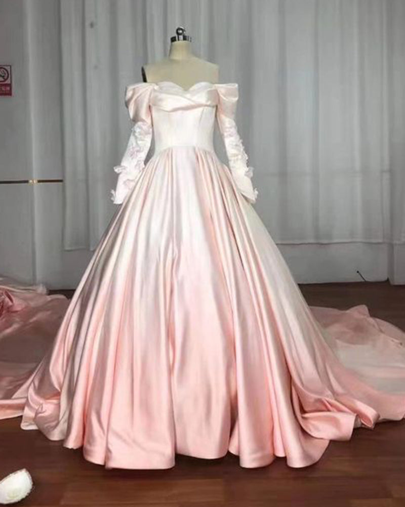 Vintage Princess Long Sleeves Pink Ombre Wedding Dresses ,Colored Bridal Party Gown WD10430