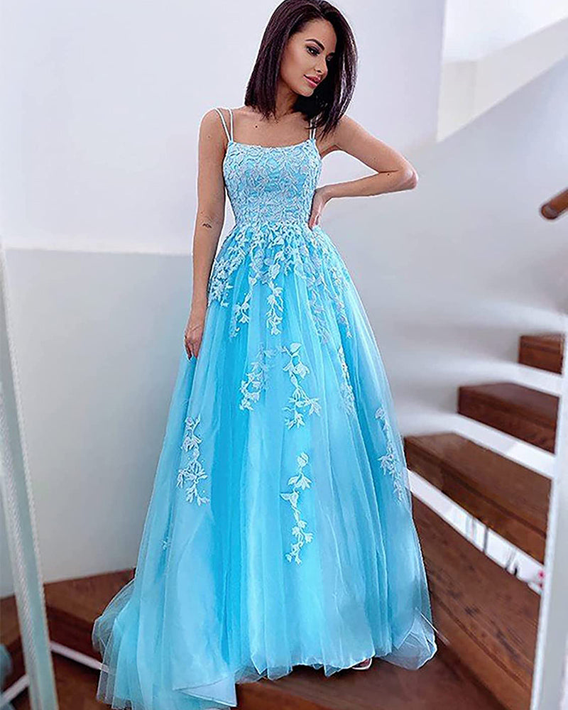 Vestido largo de invierno de encaje azul/marfil para fiesta de graduación, escuela, baile, PL11025