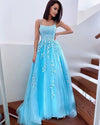 Blue /Ivory Lace Long Winter Formal Gown School Formal Long Prom Dance Dress PL11025