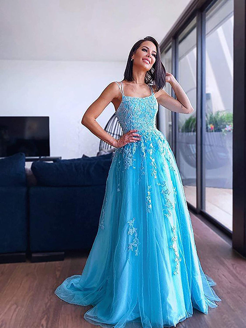 Blue /Ivory Lace Long Winter Formal Gown School Formal Long Prom Dance Dress PL11025