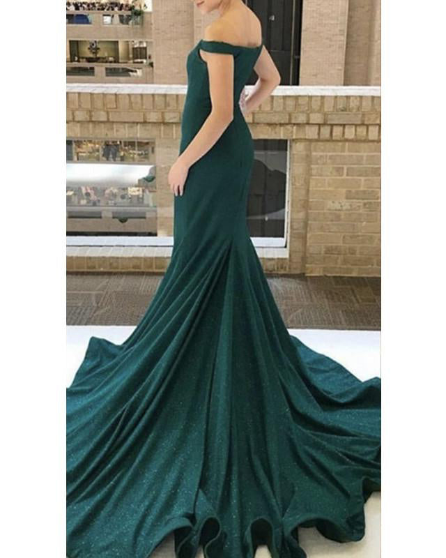 Glitter Sexy Fitted Long Evening Dresses Dark Green Off the Shoulder Formal Party Gown PL5448