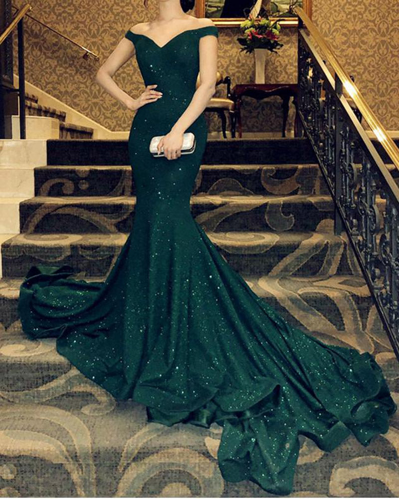 Glitter Sexy Fitted Long Evening Dresses Dark Green Off the Shoulder Formal Party Gown PL5448