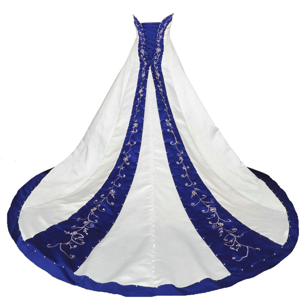 Sweetheart Royal Blue and White Wedding Dress A Line Satin Embroidery Siaoryne Sweetheart Royal Blue and White Wedding Dress A Line Satin Embroidery Siaoryne