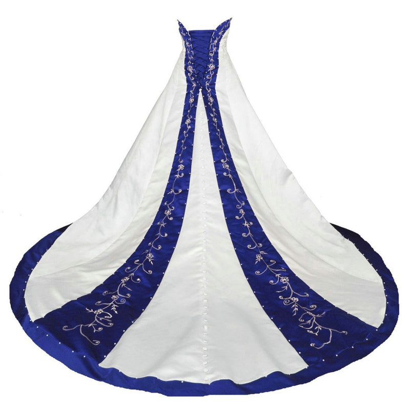 Sweetheart Royal Blue and White Wedding Dress A Line Satin Embroidery Lace Bridal Gown WD302