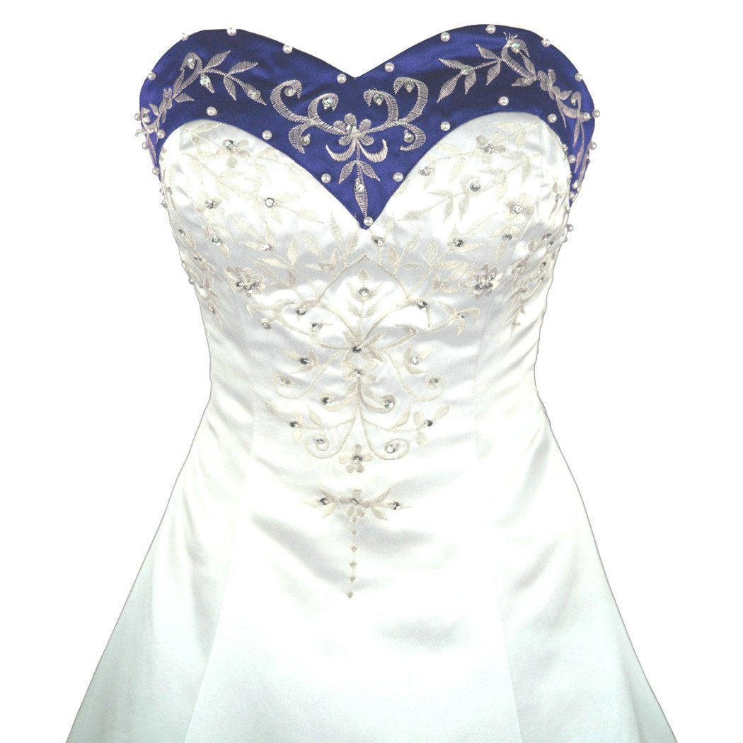 Sweetheart Royal Blue and White Wedding Dress A Line Satin Embroidery Siaoryne Sweetheart Royal Blue and White Wedding Dress A Line Satin Embroidery Siaoryne