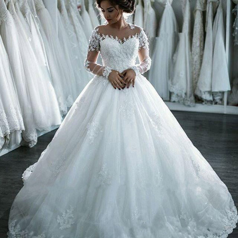 Siaoyne WD0828 Robe de mariée vintage à manches longues en dentelle et perles avec traîne