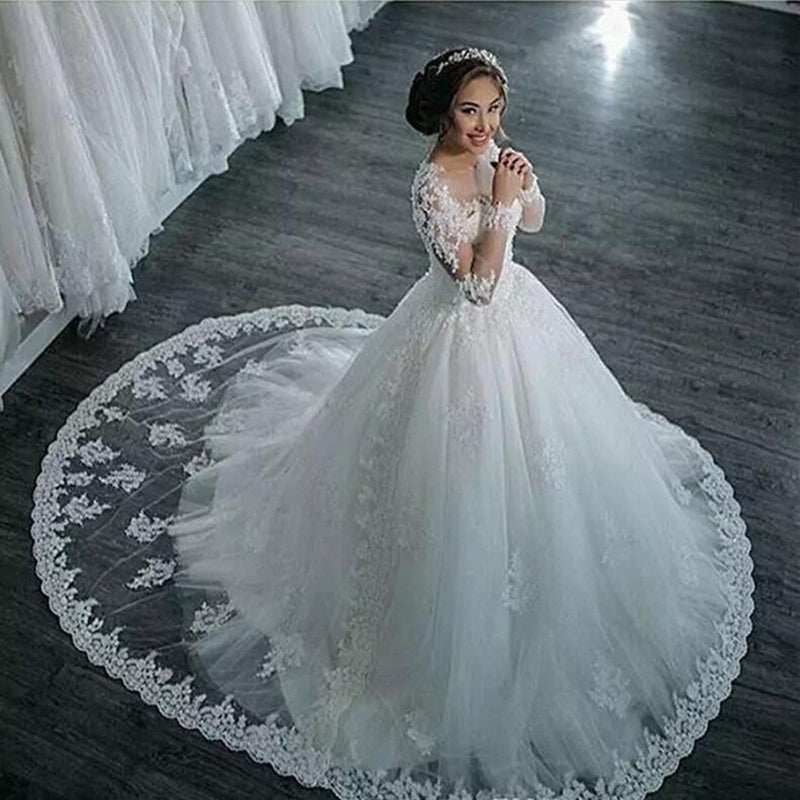 Siaoyne WD0828 Long Sleeves Vintage Lace Beaded Wedding Dress Court Train Vestido De Novias 2022