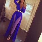 Sexy Deep V Neck Red  Slit Evening Party Gown Women Long Prom Gown with golden belt