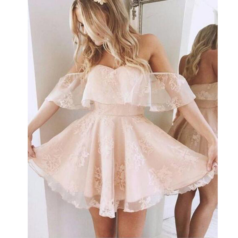 Lovely 8th Grade Junior Short Prom Dress off Shoulder Lace Semi Formal Cocktail Dress