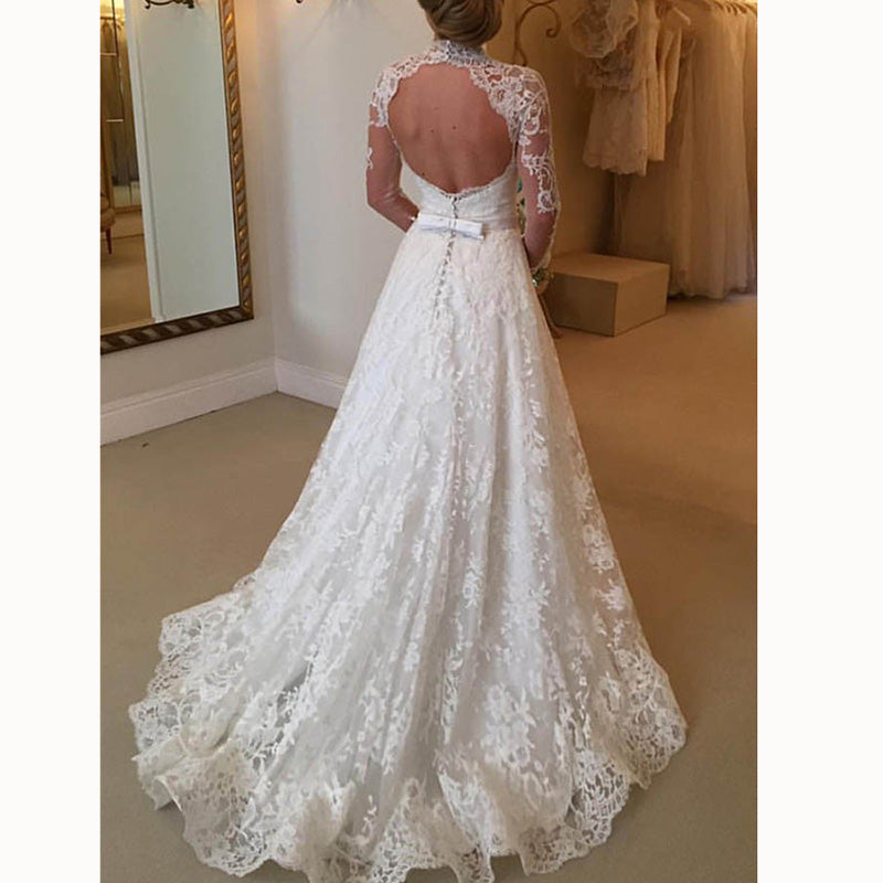 Romantic A Line Lace Wedding Gown High Neck Bridal Dress with Sleeves vestidos de novia