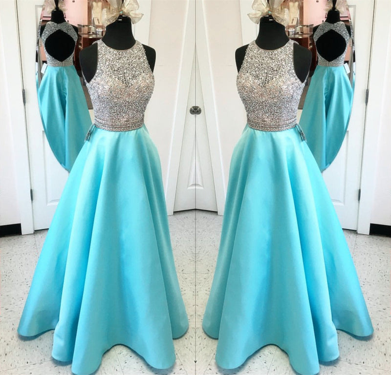 Siaoryne LP036 Scoop Neck A Line Beading Floor Length Cheap Prom Dresses Long Blue