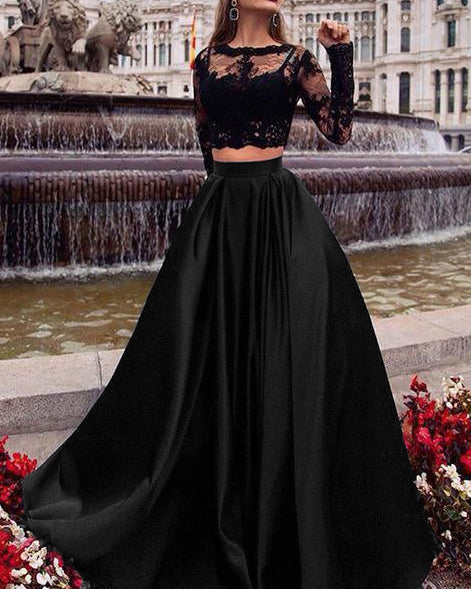 Crop Top Two Pieces Long prom Dress with lace appliques with Long sleeves